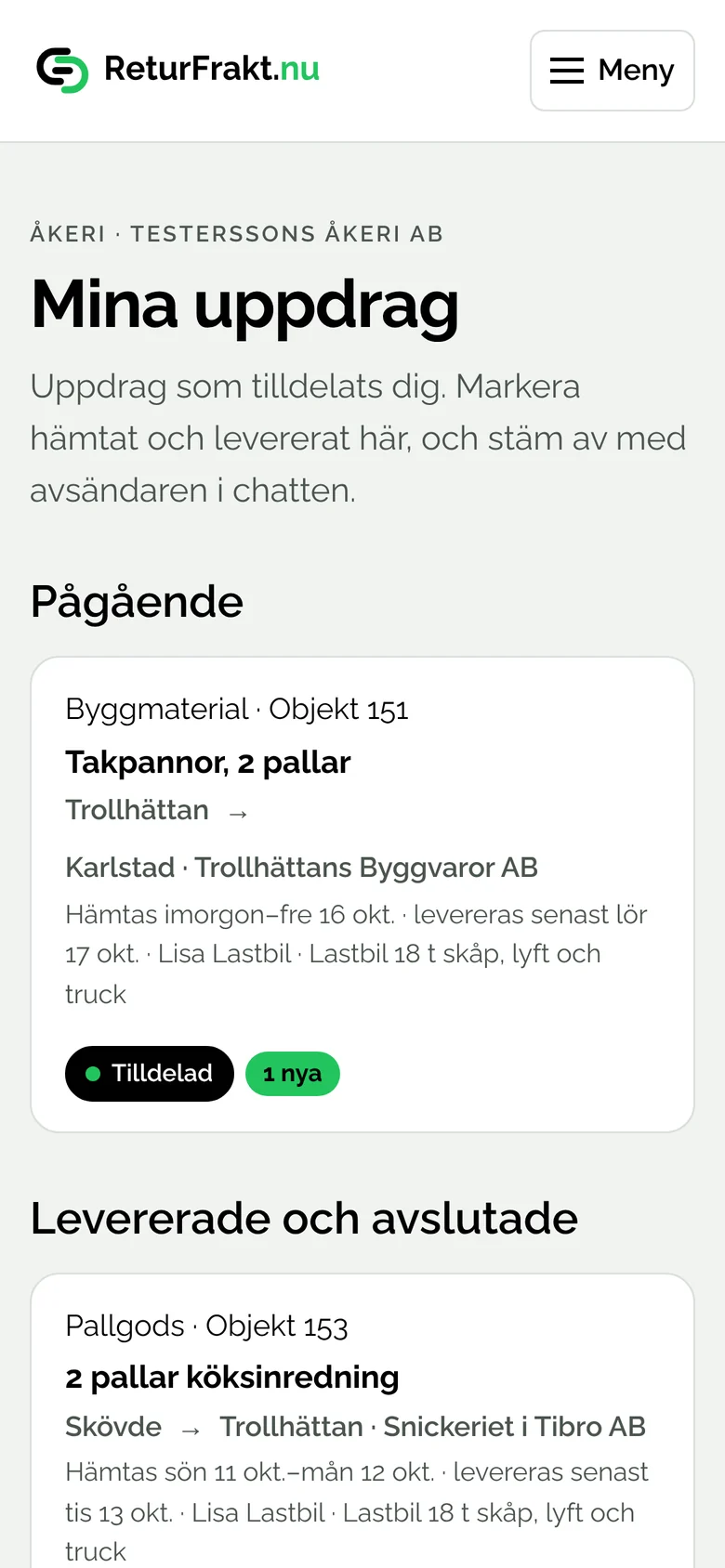 Förarens vy i mobilen med dagens uppdrag, utan priser.